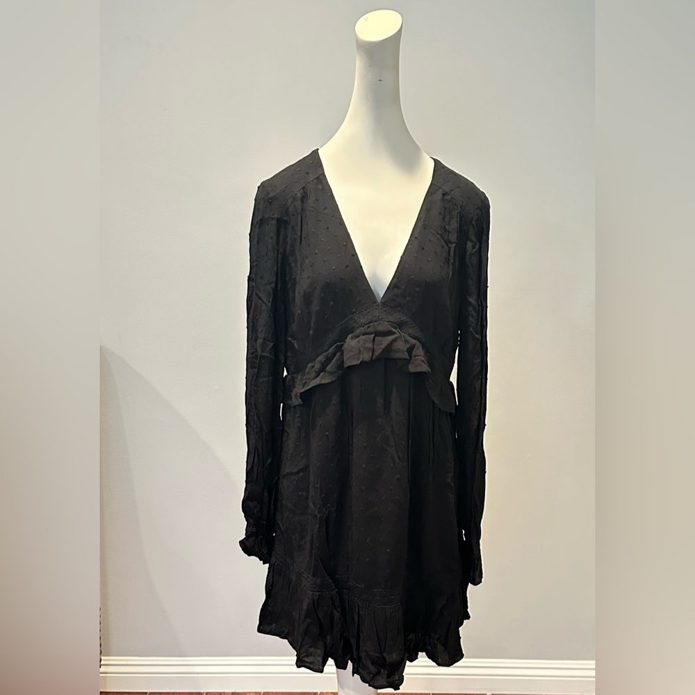 PAIGE Women's Odelise Dress Long Sleeve Angled Bust Seams Lace Trim in Black, - Picture 9 of 14